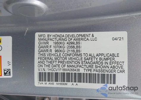 2021 Honda Accord Lx из США, поврежденный, VIN 1HGCV1F18MA068438